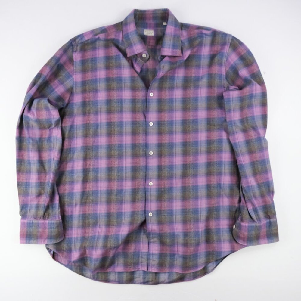 Xacus Sz. XL Evolution Fit Long Sleeve Button Up White Italy Cotton Plaid Purple
